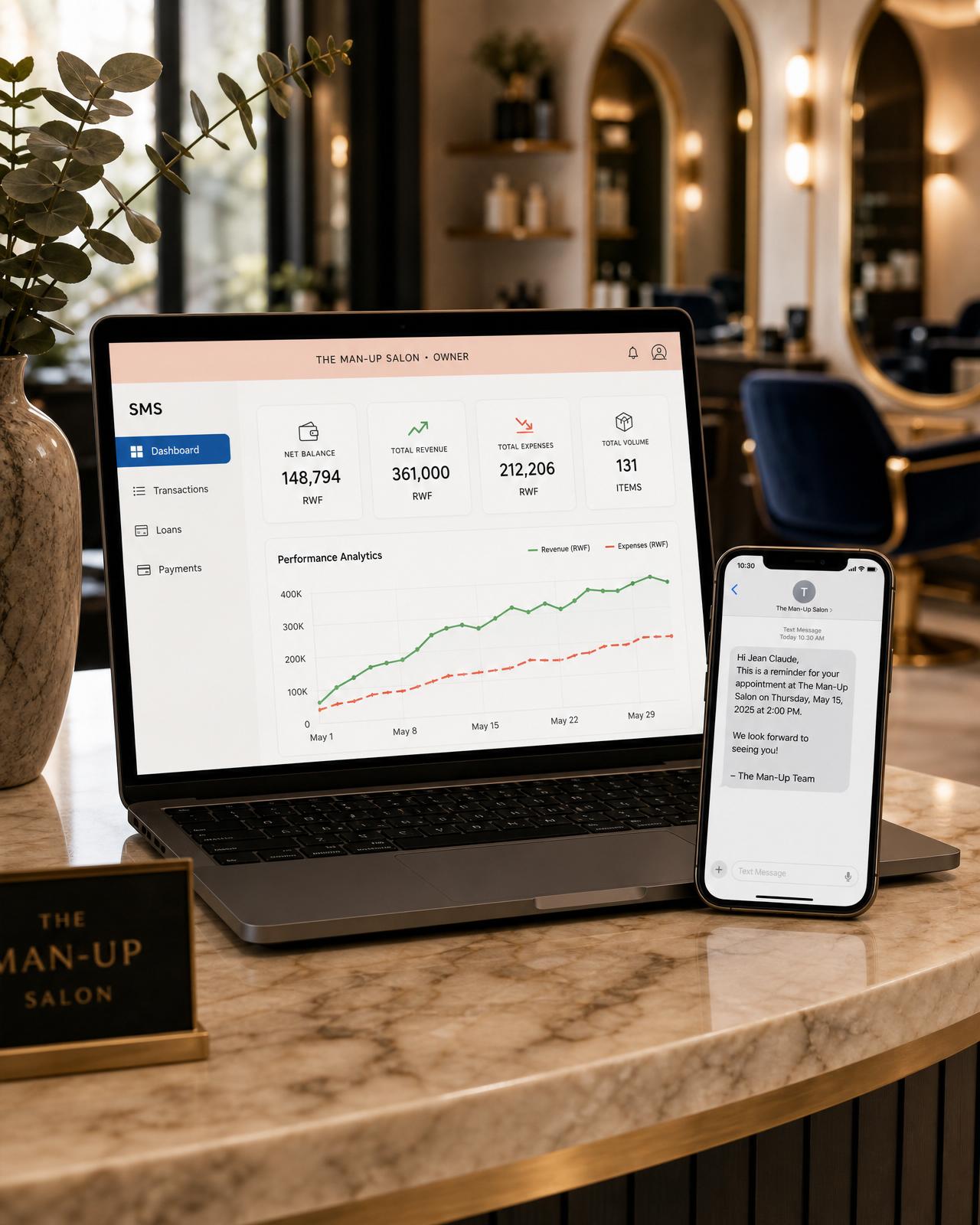 SalonMyApp dashboard and SMS interface on a tablet and phone, displayed on a marble salon reception counter